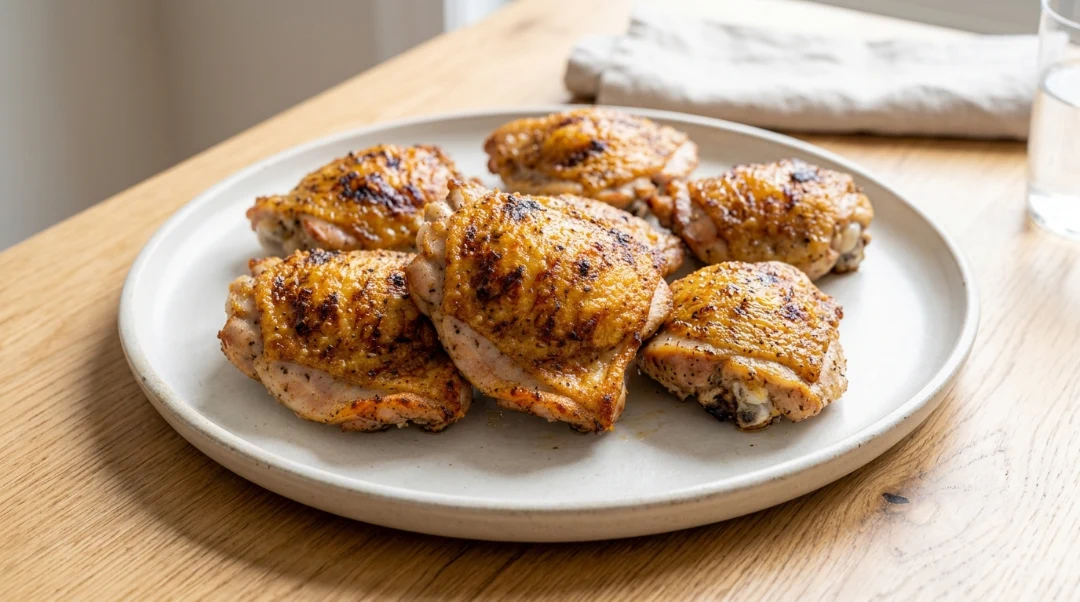 A plate filled with multiple perfectly cooked Air Fryer Chicken Thighs, showcasing their beautifully golden-brown, crispy skin and juicy texture, presented on a rustic wooden table. This inviting image highlights the delicious final results of making Air Fryer Chicken Thighs, demonstrating how easy it is to achieve professional-quality, crispy chicken at home for a satisfying dinner that everyone will love.