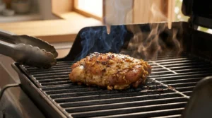 A marinated chicken thigh sizzling on a hot grill grate with rising smoke, perfectly prepared using easy grilled chicken marinade.
