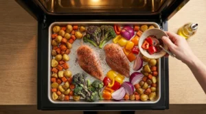 A top-down view of a half-sheet pan in an oven being arranged with seasoned chicken breasts in the center, surrounded by roasted potatoes, carrots, broccoli, and peppers, preparing one pan chicken breast with vegetables.