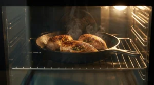 A cast-iron skillet with stuffed chicken breasts baking inside a hot oven, illustrating the baking step for stuffed chicken breast.