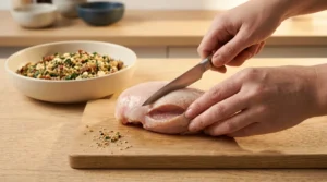 A close-up of hands using a paring knife to slice a pocket into a raw chicken breast on a wooden board, illustrating the technique for stuffed chicken breast.
