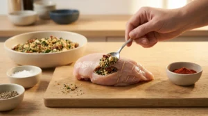 A spoon adding savory stuffing into the pocket of a raw chicken breast secured with toothpicks on a wooden cutting board, demonstrating the step for stuffed chicken breast.