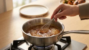 A close-up view of a hand whisking a simmering pan sauce in a small stainless steel saucepan on a stovetop burner, preparing the sauce for one pan chicken breast with vegetables.