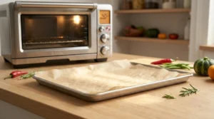 A half-sheet pan lined with parchment paper on a wooden countertop next to a preheated toaster oven, demonstrating the preparation step for one pan chicken breast with vegetables.