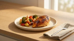 A juicy roasted chicken breast and roasted vegetables served together on a matte ceramic plate next to a folded napkin on a light oak countertop, resting the one pan chicken breast with vegetables.