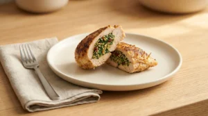 Sliced cooked stuffed chicken breast showing a vibrant filling on a white plate next to a napkin and fork on a wooden table, illustrating the final serving step for stuffed chicken breast.
