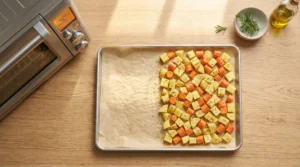 A top-down view of diced potatoes and carrots tossed in oil and seasonings spread evenly on one half of a parchment-lined baking sheet, preparing one pan chicken breast with vegetables.