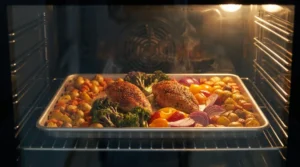 A half-sheet pan of chicken breasts, potatoes, broccoli, and peppers roasting inside a warm oven with a lit interior light, completing the bake for one pan chicken breast with vegetables.