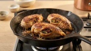 Stuffed chicken breasts searing in a hot cast-iron skillet on a stovetop burner, showing the browning step for stuffed chicken breast.