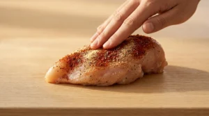 A close-up view of a hand gently pressing spices onto a raw chicken breast coated in olive oil on a light oak cutting board, preparing one pan chicken breast with vegetables.