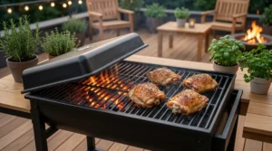 Grilled Chicken thighs are arranged skin-side up on the indirect heat side of a grill, a crucial step for achieving tender results without burning. By cooking in this way with the lid closed for 25 to 30 minutes, you allow the chicken to cook slowly until it reaches an internal temperature of 155°F. This phase is highly effective because it prevents flare-ups, as any fat drippings fall onto the cooler side of the grill rather than the hot coals.