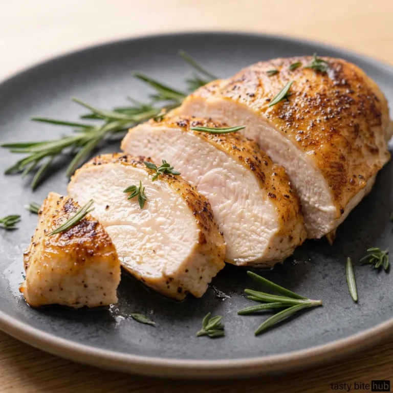 A perfectly cooked, golden-brown chicken breast, sliced into four pieces and garnished with fresh rosemary and thyme sprigs, rests on a dark gray ceramic plate set on a wooden table, showcasing the succulent and tender results of this easy air fryer recipe. The visible sheen of natural juices on the cut meat highlights the primary goal of this guide: achieving the most flavorful and moist chicken possible using your air fryer. This cover image sets the expectation for a restaurant-quality meal that is both simple to prepare and satisfying to eat.