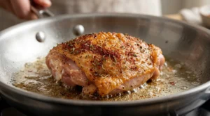 A seasoned chicken thigh sears in a hot skillet, developing a deep golden skin for the perfect one pan chicken and rice dinner. To achieve this, heat olive oil over medium-high heat until it shimmers, then place the chicken skin side down. Allow it to cook undisturbed for six to seven minutes until the skin is deep golden and releases naturally from the pan. Flip the chicken to sear the second side for three minutes before removing it from the skillet to set aside for the next stage of this savory meal.