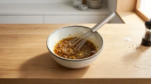 A wire whisk blends olive oil, soy sauce, lemon juice, minced garlic, and honey in a ceramic bowl, creating a flavorful marinade for easy grilled chicken marinade.