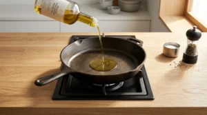 A bottle pours exactly 1 teaspoon of oil into a cold cast iron skillet, a crucial technique for achieving superior stovetop crispy chicken thighs. By using a light coating of oil, you prevent excess moisture that leads to steaming, allowing the chicken to sear properly as it renders its own fat. This simple, professional method ensures the best results for your stovetop crispy chicken thighs.