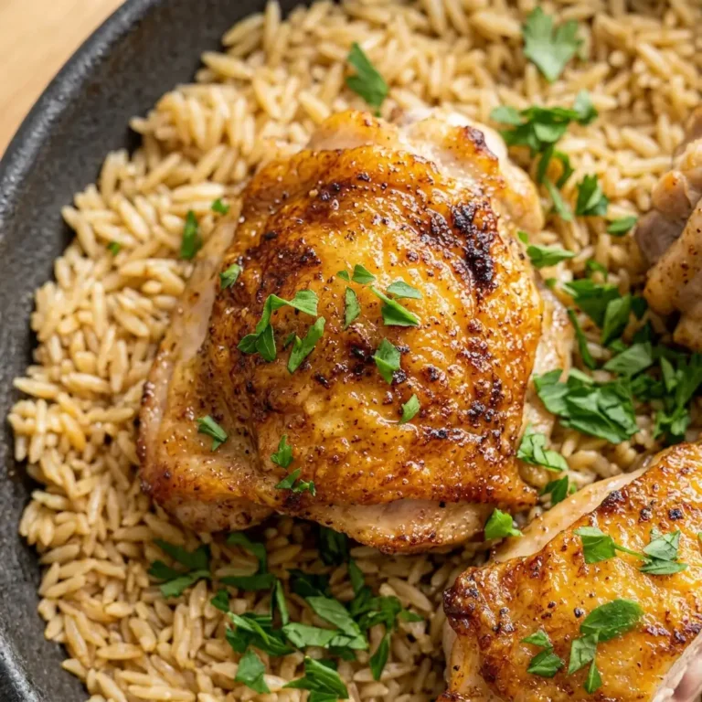 A close-up view of a perfectly seared, golden-brown chicken thigh resting on a bed of savory rice, garnished with fresh parsley for an easy one pan chicken and rice dinner. This mouthwatering image captures the crispy skin and tender, flavorful texture of this simple home cooked meal, demonstrating how to achieve professional, restaurant-quality results in just one skillet. Perfect for a busy weeknight, this hearty dish is designed to satisfy the whole family with its comforting flavors and minimal cleanup requirements