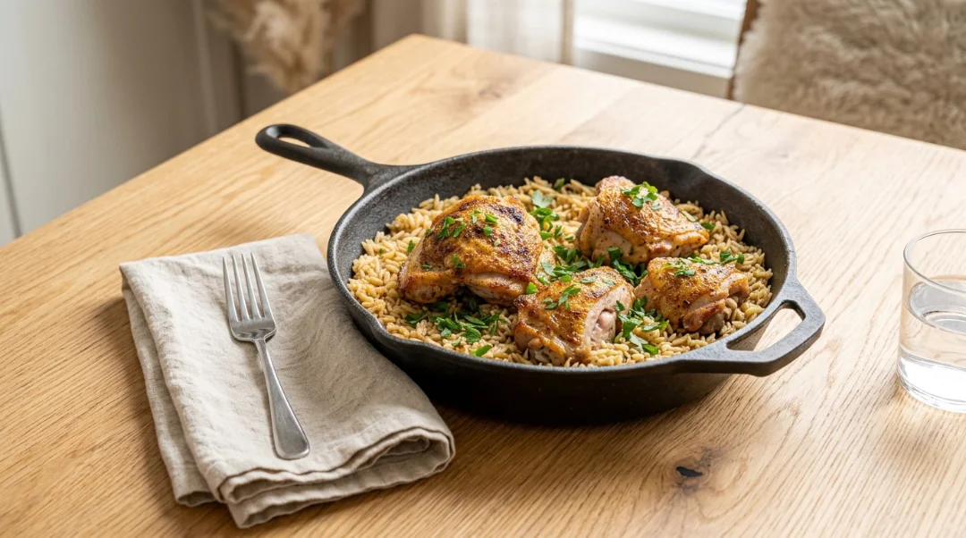 A savory one pan chicken and rice dinner is served hot in a rustic cast-iron skillet on a light oak table, featuring perfectly seared, golden-brown chicken thighs atop fluffy, herb-infused rice. This mouthwatering dish is garnished with fresh parsley and is presented with a linen napkin, fork, and glass of water nearby, emphasizing a cozy, home-cooked meal that is both satisfying and simple to make for a busy weeknight family dinner