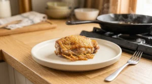 A perfectly cooked, golden-brown chicken thigh rests on a clean ceramic plate, a necessary step to maintain the texture of stovetop crispy chicken thighs. By moving the chicken out of the hot skillet and onto a plate, the skin remains exposed to the air rather than softening from residual pan heat, ensuring your stovetop crispy chicken thighs stay delightfully crunchy.