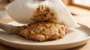 A paper towel gently dabs a marinated chicken thigh on a ceramic plate to remove excess liquid before cooking with easy grilled chicken marinade.