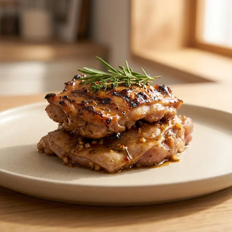 A mouthwatering stack of grilled chicken thighs, glistening with marinade and a rich glaze, garnished with fresh rosemary and thyme on a minimalist white plate. This image serves as the perfect visual hook for the easy grilled chicken marinade recipe.