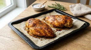 Two golden-brown chicken breasts bake on a parchment-lined sheet, spaced apart to ensure even cooking for the perfect Baked Chicken Breast. Achieving the right texture depends on timing: small breasts bake in 18–20 minutes, medium in 20–23 minutes, and large in 23–26 minutes. Always start checking the internal temperature at the lower end of these time ranges to avoid overcooking and ensure a succulent result for every serving, making your home-cooked meal look absolutely professional and delicious