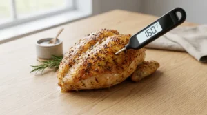 A digital food thermometer displays 160°F while inserted into the thickest part of a cooked chicken breast, demonstrating the optimal moment to remove it from the oven for the best Baked Chicken Breast. Removing the chicken at 160°F rather than 165°F allows carryover cooking to naturally bring the internal temperature to the USDA-recommended safe range of 163–165°F during the resting phase. This professional adjustment is the single most effective technique to prevent overcooking and ensure the final result is remarkably juicy, tender, and delicious for every single meal