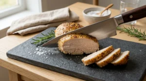 A professional knife slices a cooked chicken breast on a textured black slate board, showcasing the correct method for a perfect Baked Chicken Breast. To achieve the best texture, always slice at a slight diagonal against the muscle fibers. This simple technique effectively shortens the fibers in every single piece, which makes each bite noticeably more tender and enjoyable, ensuring your hard work in the kitchen results in a premium, restaurant-quality dining experience that your entire family will absolutely love and appreciate for every meal