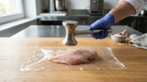 A gloved hand uses a metal meat mallet to tenderize a chicken breast that is covered in plastic wrap on a light oak wood table. This step is essential for creating a professional Baked Chicken Breast, as pounding the meat to an even three-quarter inch thickness ensures uniform cooking and prevents the thinner edges from drying out before the thicker parts are fully done. Following this precise preparation method is the absolute best way to guarantee a tender, high-quality result that turns out perfectly every single time