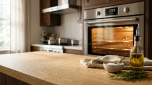 A professional stainless steel oven is set to preheat in a modern kitchen, with a clean light oak wood kitchen island in the foreground. A small bowl of sea salt with a wooden spoon, a bottle of olive oil, and fresh rosemary sit ready on the counter. Preheating your oven to 425°F is the essential first step for a juicy Baked Chicken Breast, as using high heat and a shorter cooking time significantly reduces moisture loss, ensuring your meal is tender and flavorful every single time
