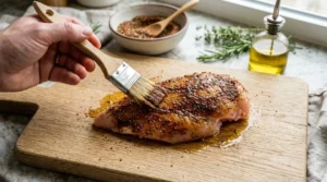A hand uses a wooden pastry brush to apply oil and a rich spice blend onto a chicken breast on a light oak wood cutting board. This step is key to creating a delicious Baked Chicken Breast, as combining garlic powder, smoked paprika, brown sugar, oregano, pepper, and salt creates a deep, savory flavor profile. Brushing the meat with olive oil on both sides before rubbing the seasoning evenly over all surfaces ensures every single bite is packed with incredible taste and perfectly balanced flavor for your meal