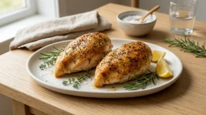 Two golden, herb-crusted chicken breasts rest on a minimalist off-white ceramic plate on a light oak wood table. Allowing the Baked Chicken Breast to rest uncovered for five minutes is a vital step because it enables the juices to redistribute evenly throughout the meat. If you slice the chicken immediately, those precious juices will release onto the board instead of staying locked inside, so resting ensures every single bite is succulent, tender, and perfectly flavorful for your meal