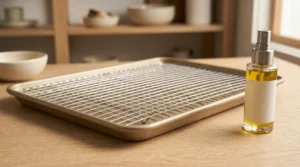 A wire rack set inside a rimmed baking sheet next to a spray bottle of olive oil, demonstrating how to preheat and prep for crispy chicken tenders without deep frying.