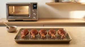 Seasoned chicken drumsticks on a baking pan with an oven in the background preheated to 425 degrees Fahrenheit, illustrating the preheat step for crispy baked chicken drumsticks.