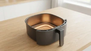 An empty basket-style air fryer sits on a wooden kitchen counter, prepared to be preheated to ensure the perfect cooking environment for Air Fryer Chicken Thighs. For basket-style models, preheat at 380°F for 3 minutes to guarantee even cooking, while toaster oven models typically do not require this step. Proper preheating is a simple yet effective technique that helps you achieve consistent, professional-quality results every time you prepare this easy and delicious home-cooked meal.