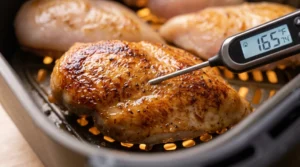 A digital thermometer is inserted into the thickest part of a golden-brown chicken breast in an air fryer, an essential step for ensuring a perfectly juicy air fryer chicken breast. To achieve the best texture, remove the chicken when the internal temperature reads 160°F, as carryover cooking during the resting period will bring it to the USDA safe minimum of 163–165°F. Waiting for the thermometer to read 165°F while still in the air fryer causes the final temperature to reach 168–170°F during rest, which inevitably leads to dryness.