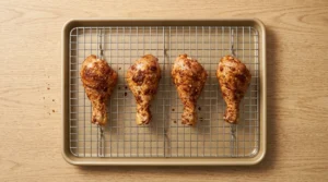 Seasoned chicken drumsticks arranged on a wire rack fitted over a rimmed baking sheet, illustrating the chilling step for crispy baked chicken drumsticks.