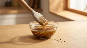 A silicone basting brush dips into a glass bowl of fresh sauce, highlighting safety tips for applying easy grilled chicken marinade.