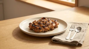 Sliced grilled chicken thighs resting on a white ceramic plate next to a fork and spoon, prepared using easy grilled chicken marinade.