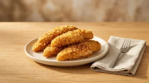 Golden, perfectly baked chicken tenders resting on a white plate next to a napkin and fork, showcasing crispy chicken tenders without deep frying.