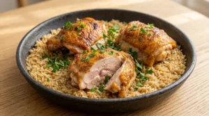 The final, delicious one pan chicken and rice dinner is finished with a garnish of fresh parsley, showcasing perfectly cooked chicken thighs atop fluffy, flavorful rice. To serve, remove the skillet from the heat and allow the dish to rest, covered, for five minutes before serving directly from the pan. This essential resting time allows the flavors to meld and the textures to settle, ensuring a restaurant-quality presentation and a comforting, professional-grade meal that is perfect for any weeknight dinner or special family occasion.