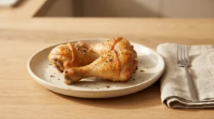 Golden-brown baked chicken drumsticks resting on a white plate next to a folded napkin and fork, showcasing the final plating step for crispy baked chicken drumsticks.