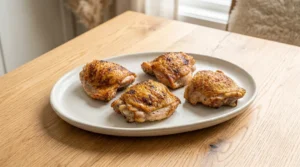 Golden-brown, crispy Air Fryer Chicken Thighs rest on a light-colored plate after being removed from the air fryer, a final step that ensures the best texture and flavor. To finish, let the chicken thighs rest on a wire rack or plate for 5 minutes, which allows the skin to firm up further and the delicious juices to redistribute throughout the meat. Serving immediately after this short resting period guarantees that your Air Fryer Chicken Thighs are tender, flavorful, and maintain that signature crunch that makes this easy home-cooked meal a total success for any dinner occasion.