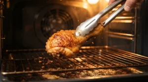 Tongs rotating a golden-brown chicken drumstick on an oven rack, showing the finishing step for crispy baked chicken drumsticks.