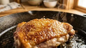 A close-up view of chicken searing in a hot cast iron skillet, showcasing a deep golden, firm crust that is the hallmark of perfectly prepared stovetop crispy chicken thighs. By allowing the chicken to sear undisturbed for 10 to 12 minutes, the skin develops a beautiful texture and releases naturally from the pan, ensuring the best possible results for your stovetop crispy chicken thighs.