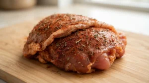A raw chicken thigh on a wooden cutting board is perfectly coated with a savory dry rub, an essential step in preparing delicious Air Fryer Chicken Thighs. To achieve the best flavor, combine all your dry rub ingredients in a small bowl, apply a light coating of oil over all surfaces of the thighs, and rub the seasoning blend evenly. For the deepest flavor, be sure to apply the rub under the skin where possible, ensuring the meat itself is seasoned directly. This preparation method is key to making professional-quality Air Fryer Chicken Thighs that are bursting with savory goodness in every bite.