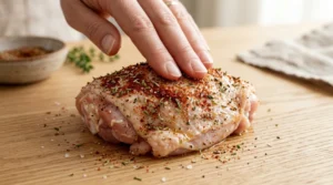 A hand presses a fragrant blend of smoked paprika, garlic powder, onion powder, thyme, salt, and pepper into a raw chicken thigh to prepare it for a delicious one pan chicken and rice dinner. Patting the chicken completely dry before applying the rub ensures the seasoning adheres thoroughly to all surfaces, including under the skin, creating a flavor-packed foundation that is essential for achieving professional, mouthwatering results in this classic, easy-to-make home cooked meal.