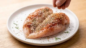 A hand sprinkles a savory dry rub over a raw, butterflied chicken breast on a plate, a crucial step to creating a delicious, juicy air fryer chicken breast. To season perfectly, brush both sides of the chicken with olive oil, combine all your dry rub ingredients in a small bowl, and rub the mixture evenly over all surfaces. For deeper flavor penetration, let the seasoned chicken rest at room temperature for 15 minutes—this optional step is highly recommended for achieving the most flavorful and tender results in your air fryer.