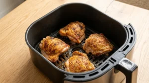 In the second round of cooking, flip the Air Fryer Chicken Thighs skin side up and increase the temperature to 400°F. Air fry for 8 to 10 minutes until the skin becomes deep golden, and the internal temperature reaches 165°F at the thickest part away from the bone, following USDA safe minimum cooking guidelines. Be sure to check your Air Fryer Chicken Thighs at the 8-minute mark, as smaller pieces will finish cooking first. This final step is crucial for achieving the perfect, restaurant-quality crispy texture that makes this dish an outstanding and satisfying meal.