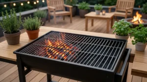 A charcoal grill is set up on a wooden deck, demonstrating the two-zone heat technique required for grilling. By banking the hot coals to one side of the grill, you create both a direct heat zone for searing and an indirect heat zone for gentler cooking. This essential setup allows you to manage the temperature precisely, ensuring your chicken cooks evenly without burning. Grilled chicken thighs