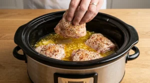 A hand places a seasoned chicken thigh, skin side up, into a slow cooker that is already filled with a savory liquid base of broth, minced garlic, butter, and Worcestershire sauce. The chicken thighs are arranged in a single layer to ensure even cooking, though slight overlapping is acceptable if necessary. This step is essential for creating a flavorful, braised foundation that will help keep the chicken tender while it slow cooker chicken thighs
